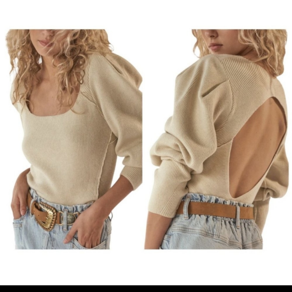Free People NWT Saffron Oatmeal Tan Knit Sweater Open Back Puffed Sleeve Sz XL
